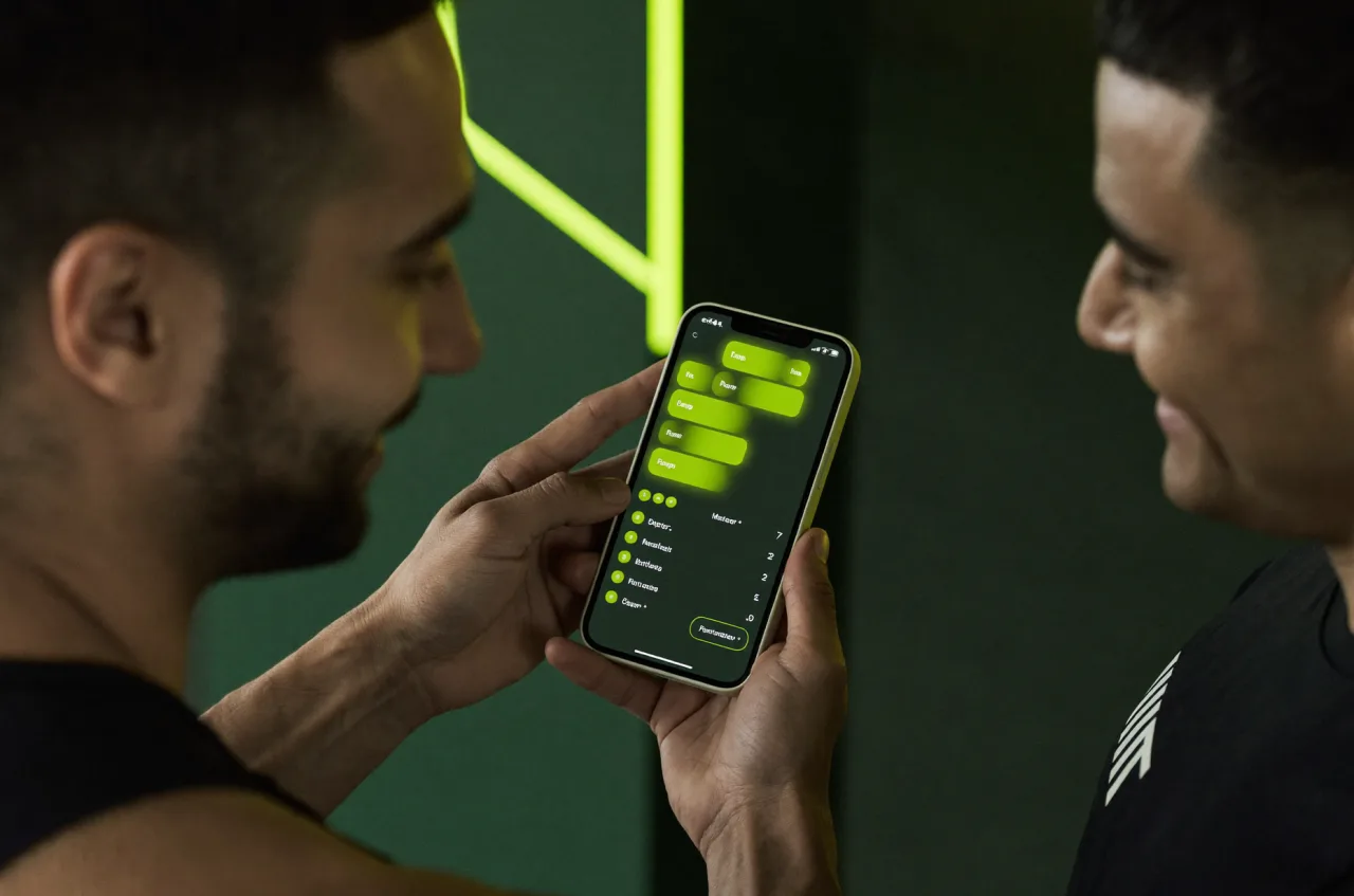 Personal trainer mostrando o app do Evolua na tela do celular para um aluno na academia